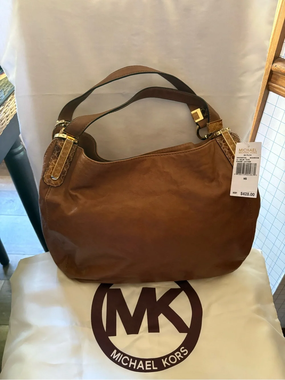 Michael Kors Brown Leather Shoulder Bag with Gold Hardware
